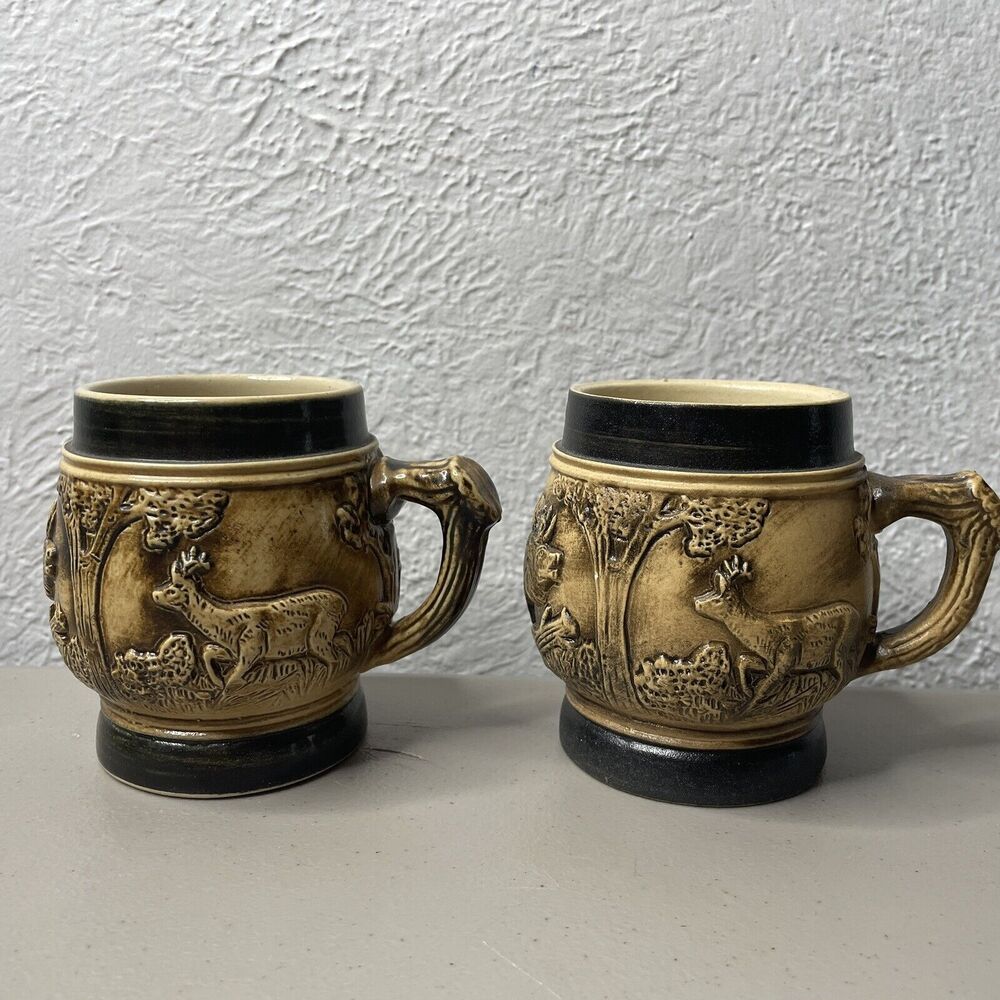 2 VTG‎ Beer or Coffee Stone Wear Mugs 4" Tall Rabbits Deer Black Trim Germany - Picture 3 of 12